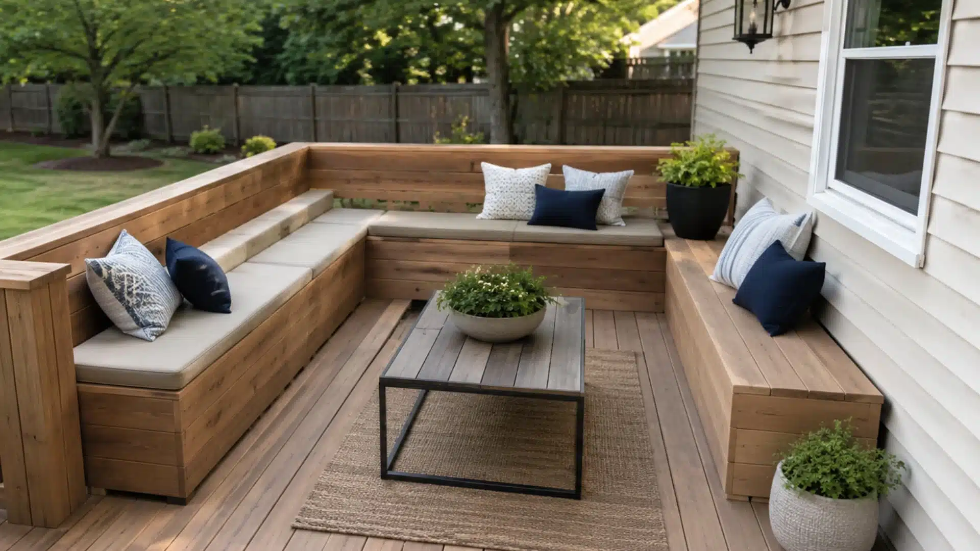 Small backyard deck with built-in perimeter bench seating, cushions, and coffee table