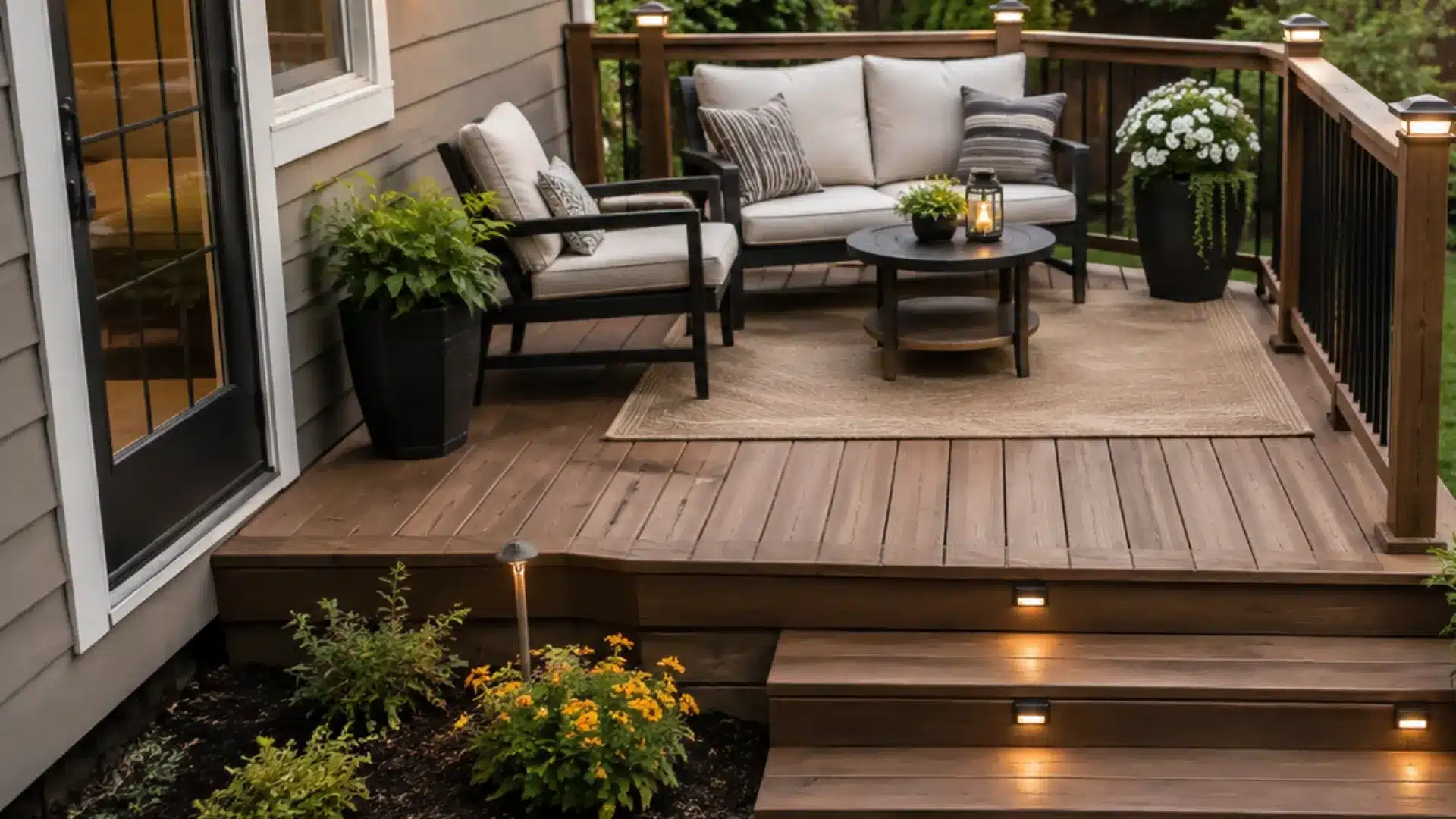 Small backyard deck with compact seating, clear edges, steps, plants, and open lawn