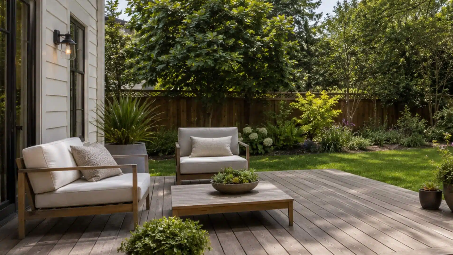 Small backyard deck with low-profile chairs and coffee table overlooking a green lawn