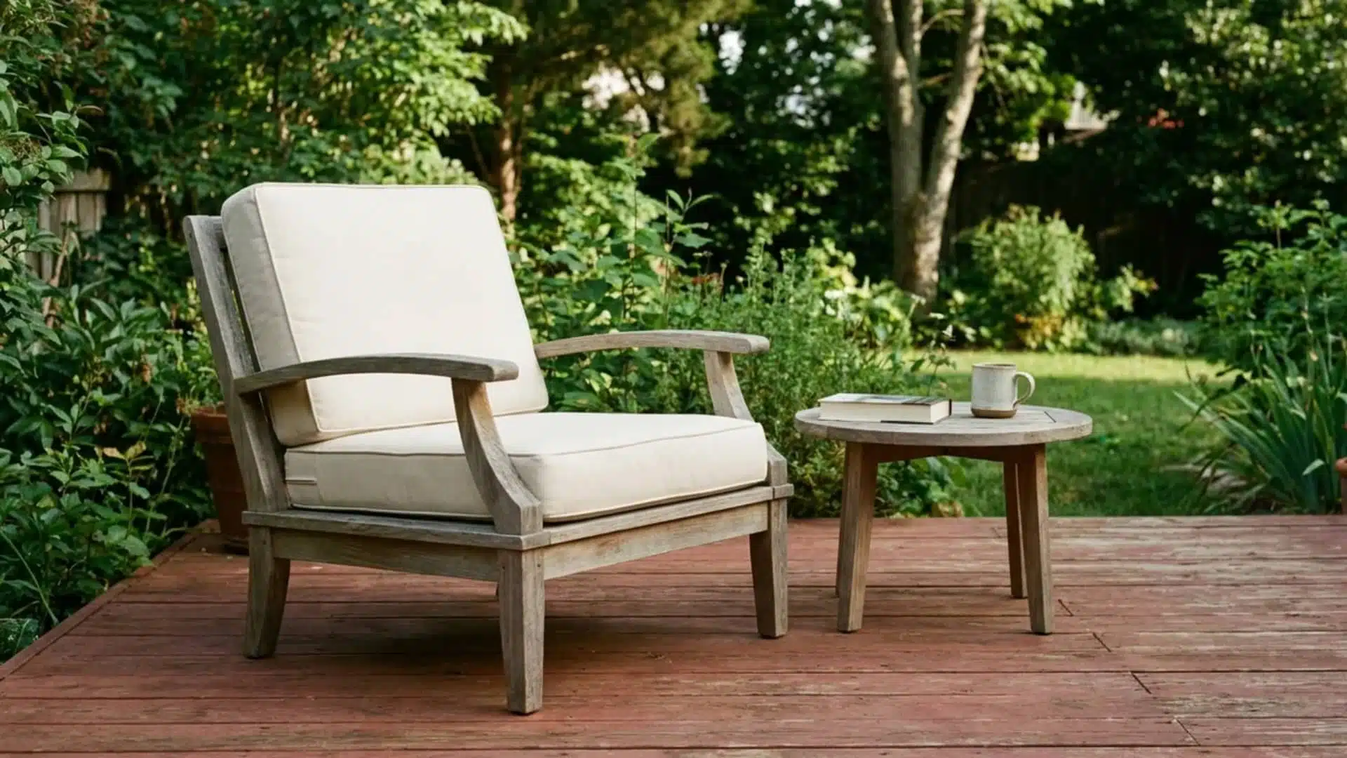 Small backyard deck with single lounge chair and side table on wood decking