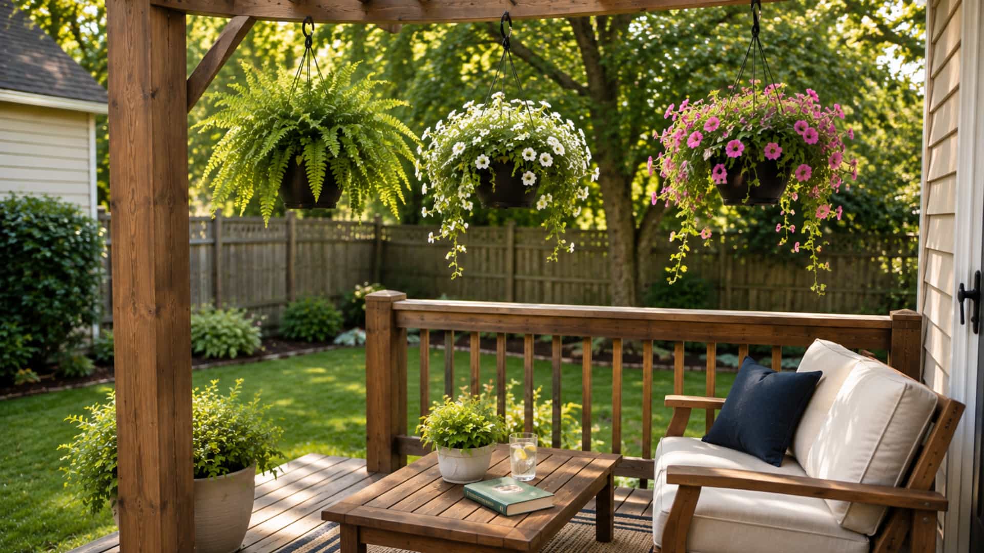 Small backyard deck with three hanging planters above cushioned seating and a coffee table