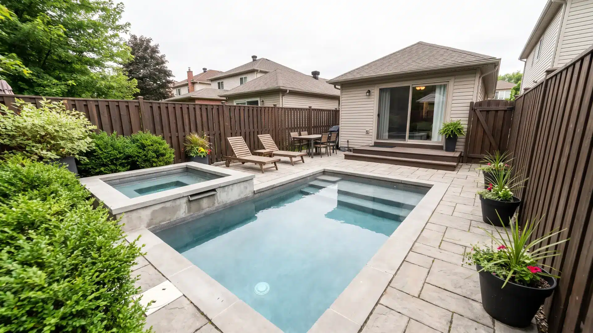 Modern backyard patio featuring a small rectangular in-ground pool, hot tub, stone pavers, lounge chairs, and wooden fence.