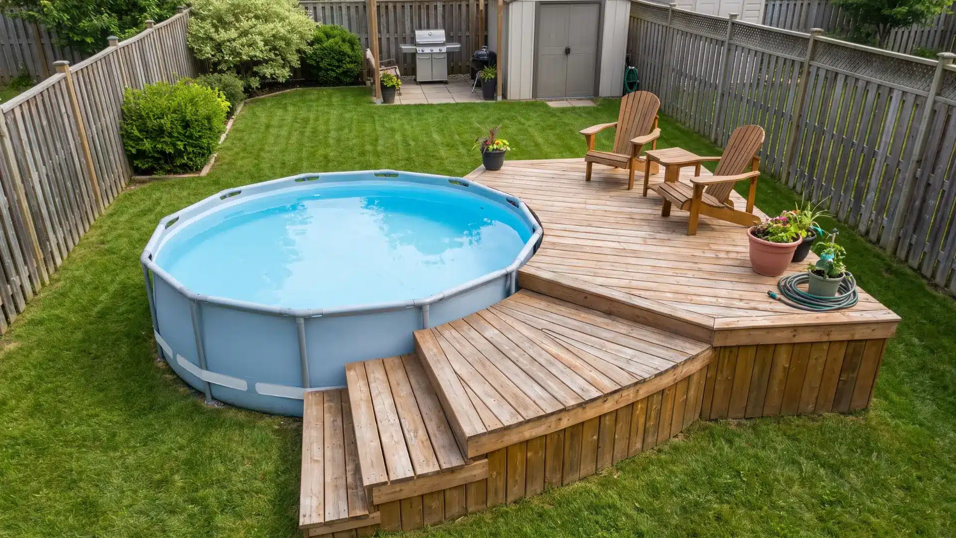Small backyard with an above-ground pool integrated into a surrounding deck.