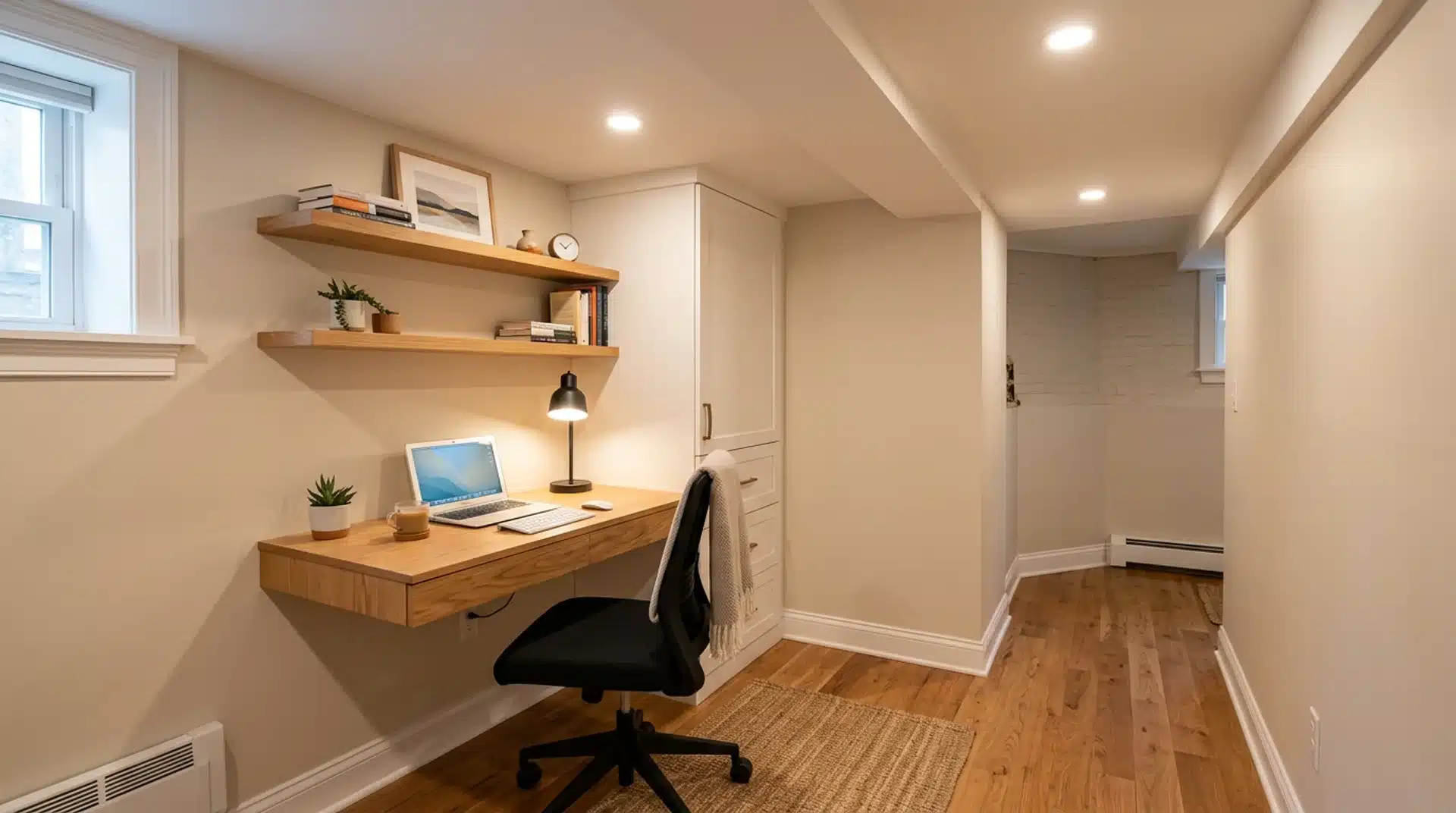 Small basement home office with compact desk, wall storage, and task lighting