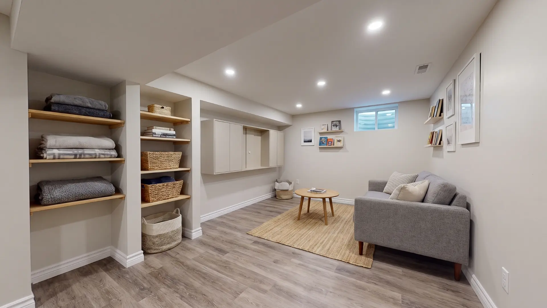 Small finished basement with compact seating, wall storage, and low-profile lighting in a tight layout.