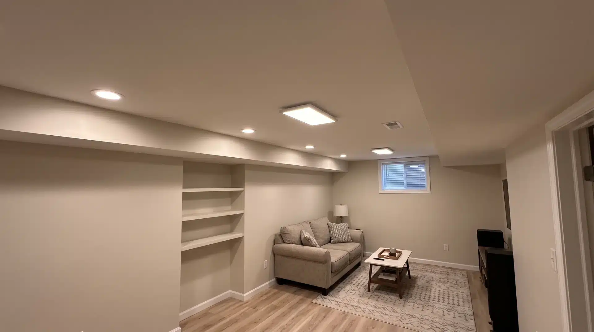 Small basement with low ceiling and recessed flush mount lighting