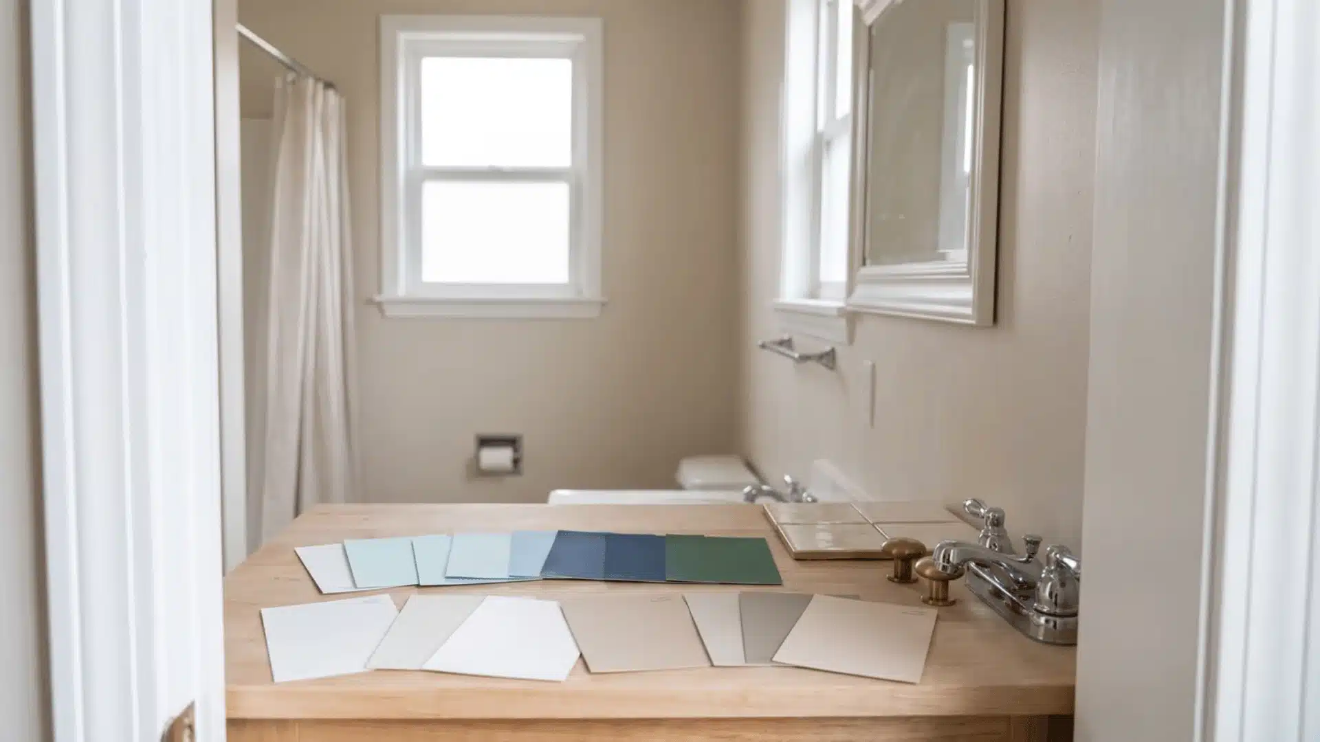 Paint swatches beside tile and metal fixture samples in a compact bathroom