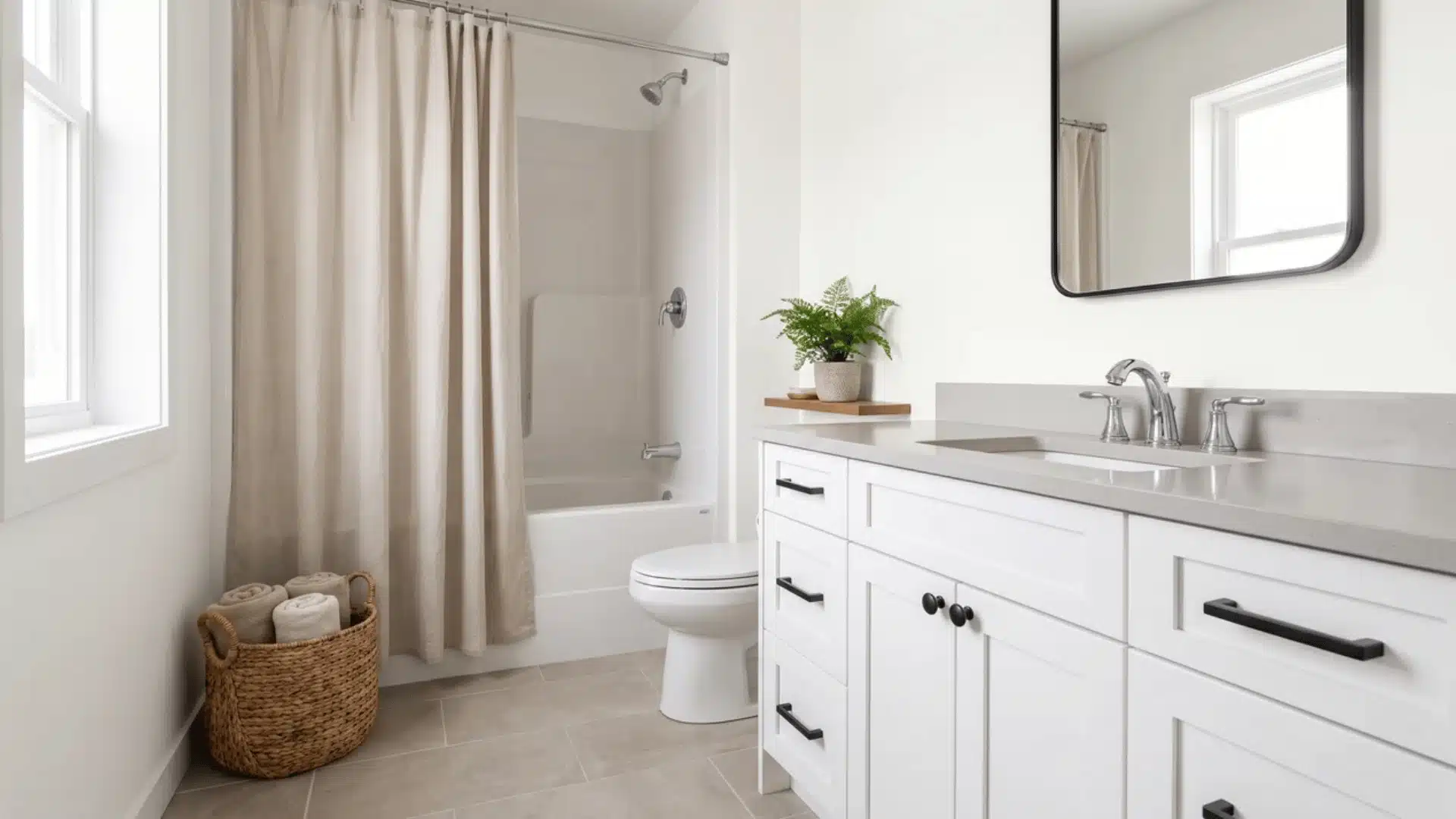 Small bathroom wall painted neutral bright white with mixed metal fixtures