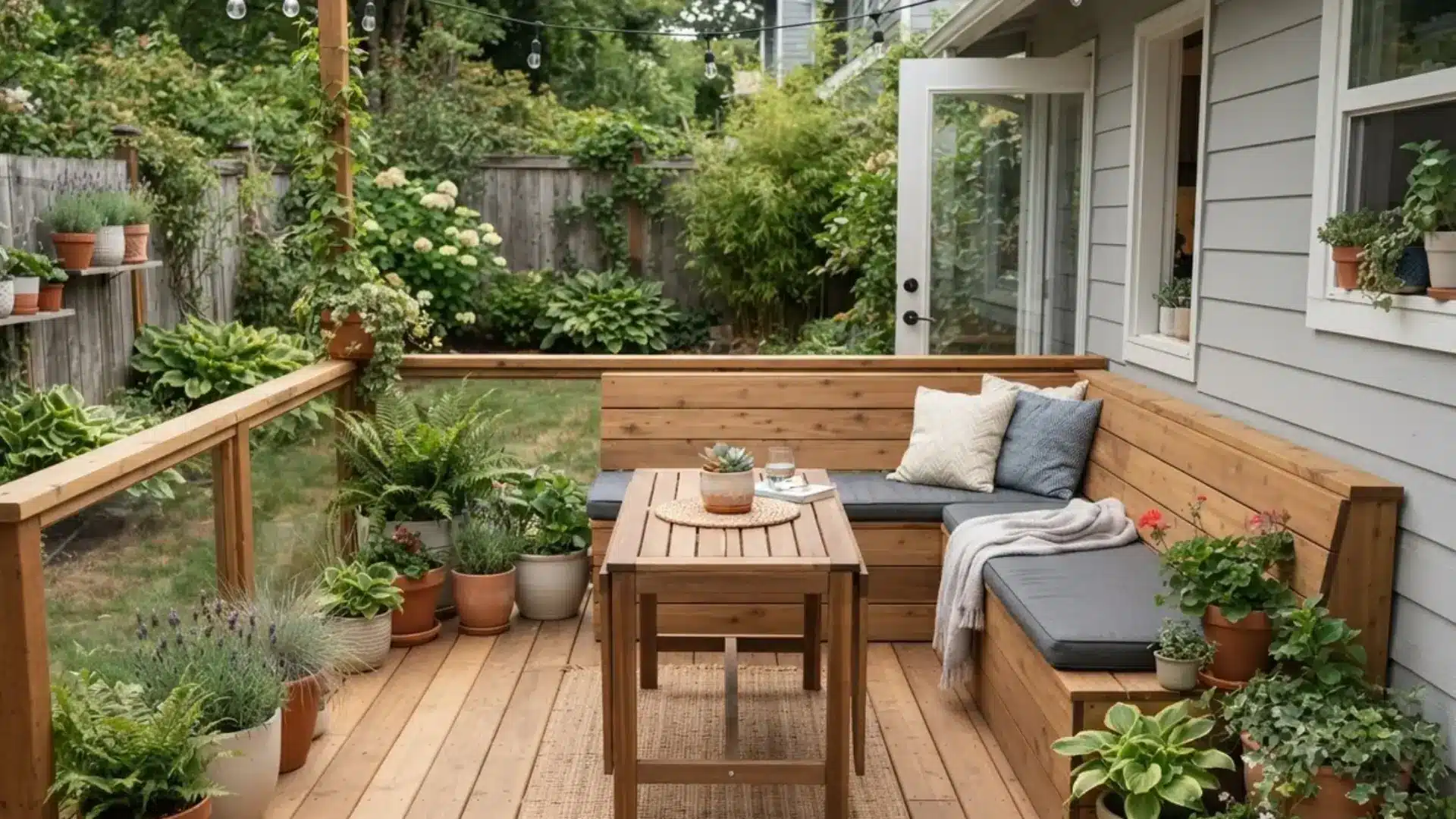 Small timber deck with built-in bench seating, narrow table, and planters arranged around the perimeter