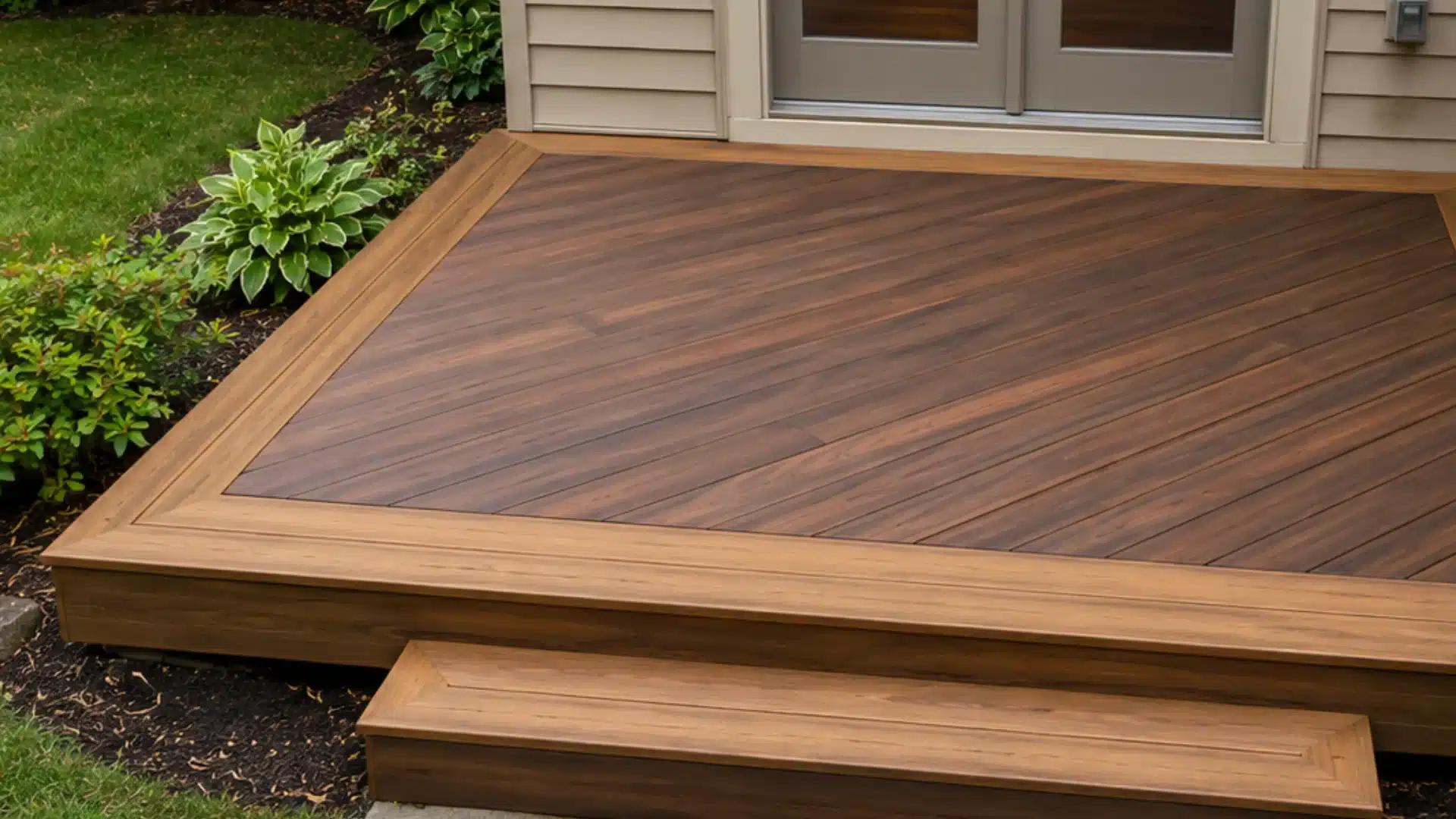 Small deck with contrasting wood board pattern, border trim, single step, and lawn