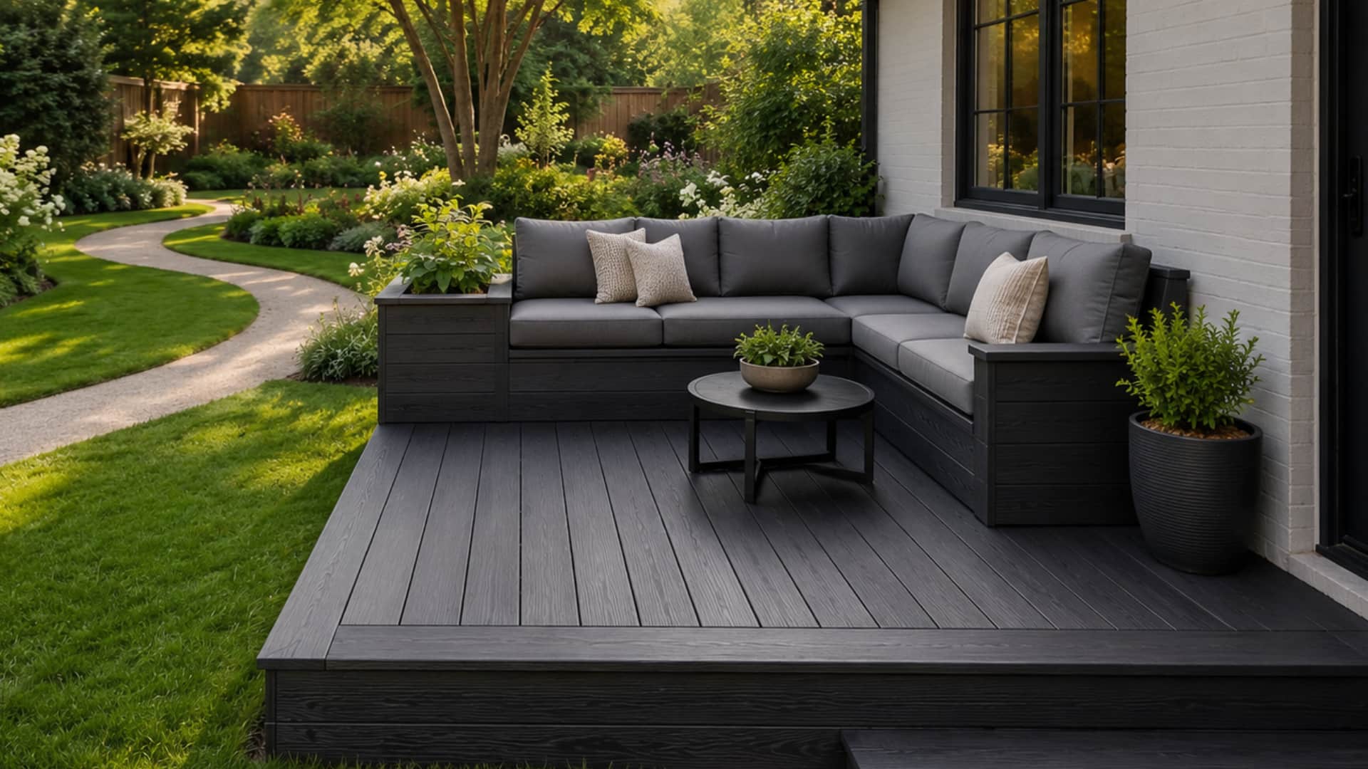 Small deck with L-shaped seating fitting a tight corner beside a lush garden path