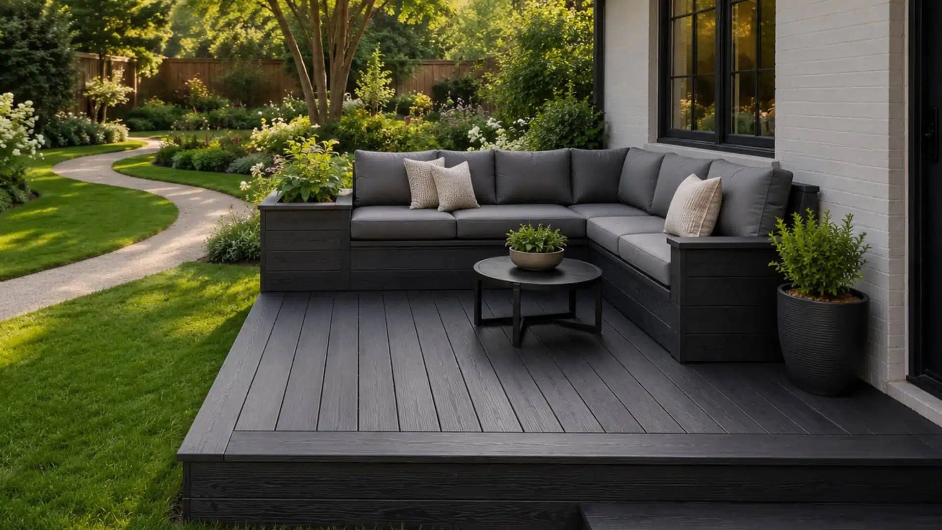 Small deck with L-shaped seating fitting a tight corner beside a lush garden path