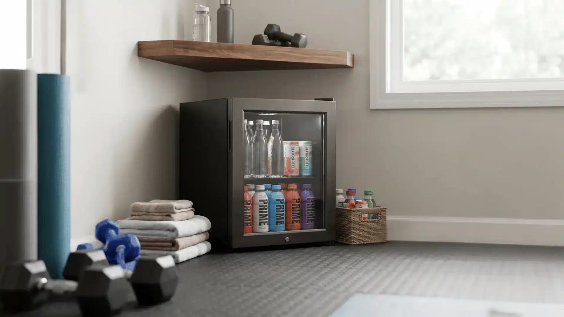 Small fridge and cooler with drinks in a home gym corner