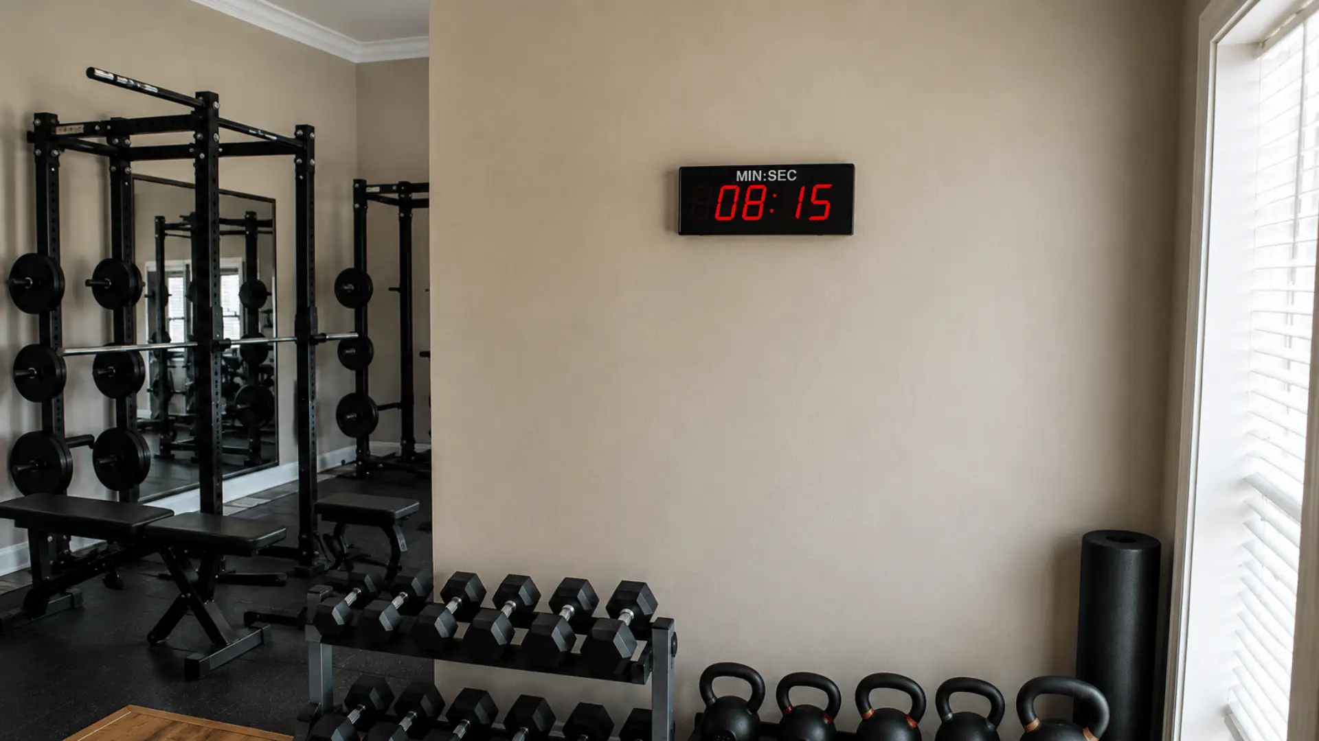 Small home gym with a wall-mounted digital interval timer, dumbbells, kettlebells, squat rack, and bench