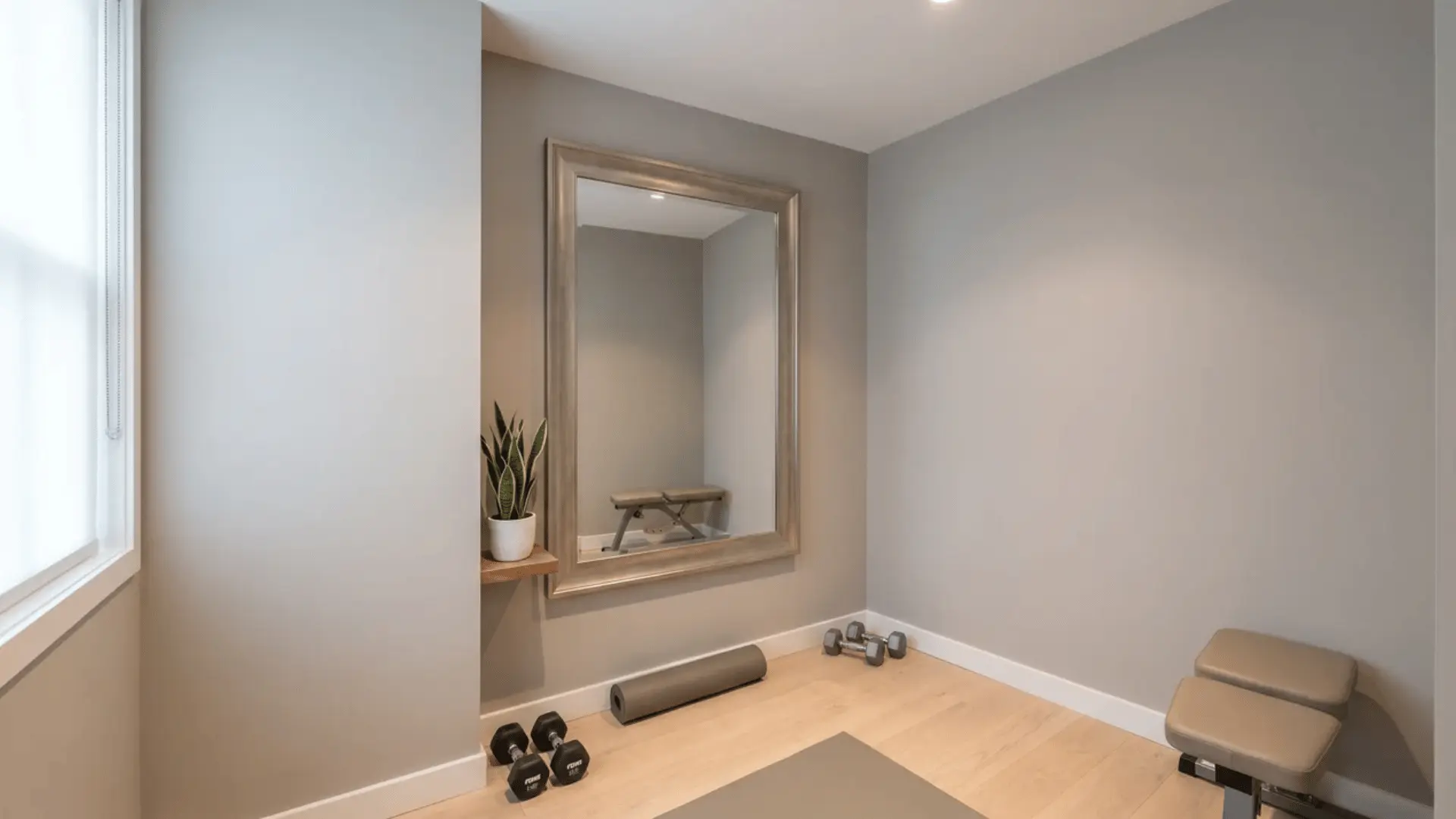Small home gym with light gray walls, mirror, and a small plant