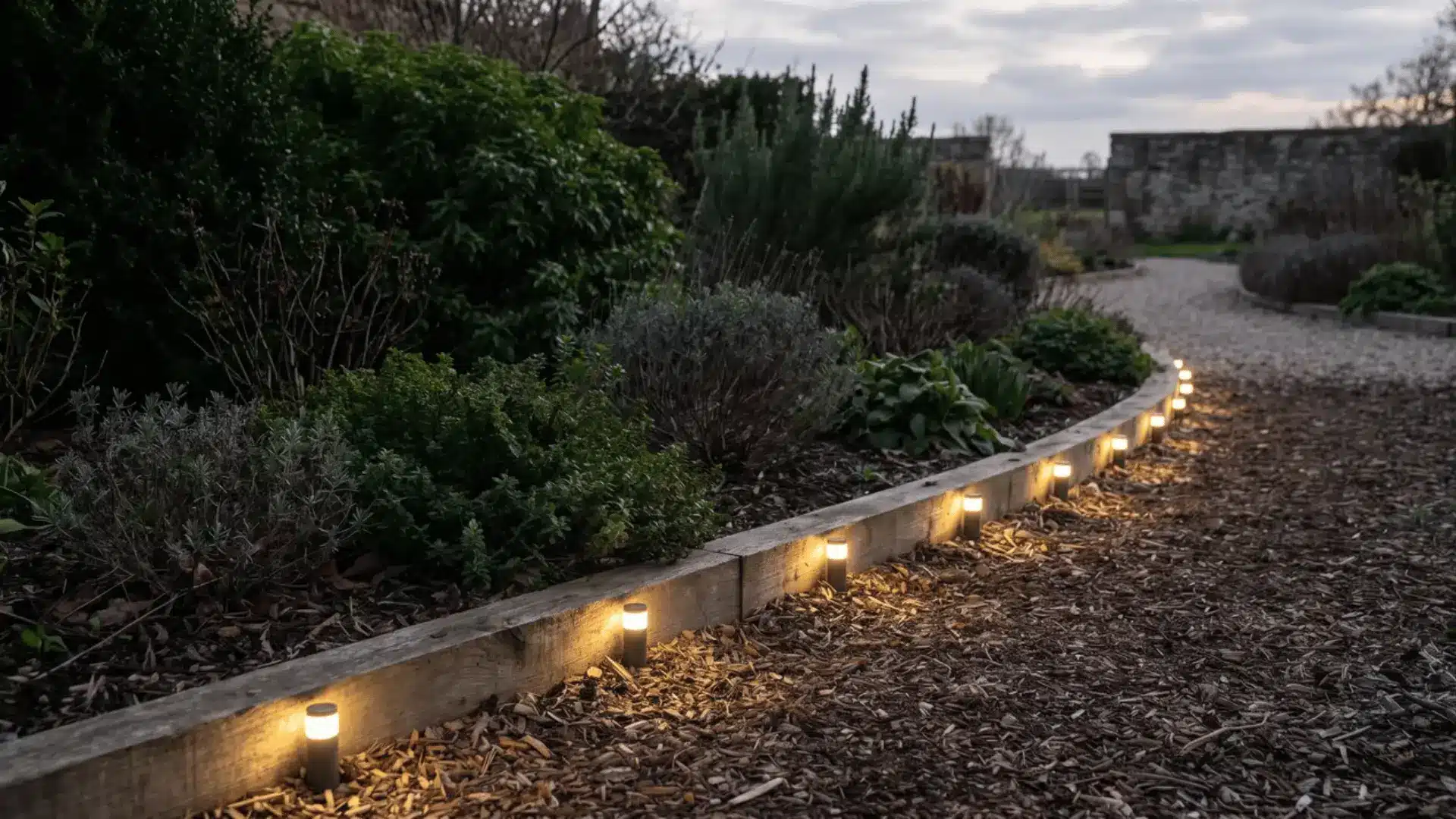 Small lights following the defined front edge of a garden bed