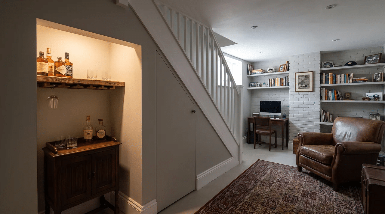 Small man cave with a bottle shelf and hanging glass storage fitted beneath the stairs