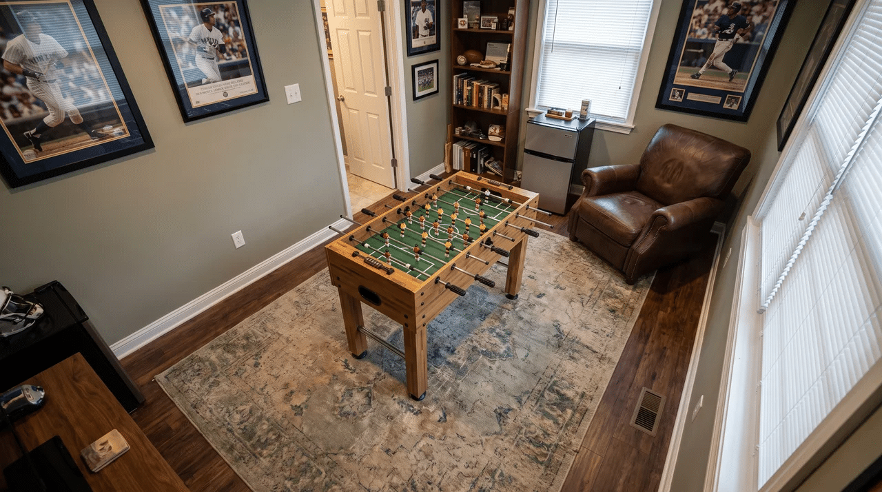 Small man cave with a compact game table and open floor clearance on all four sides