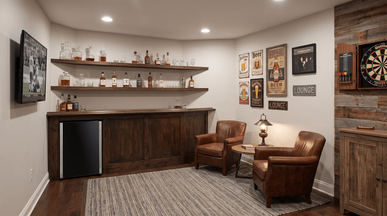 Small man cave with a compact mini fridge fitted beneath a wall-side bar shelf