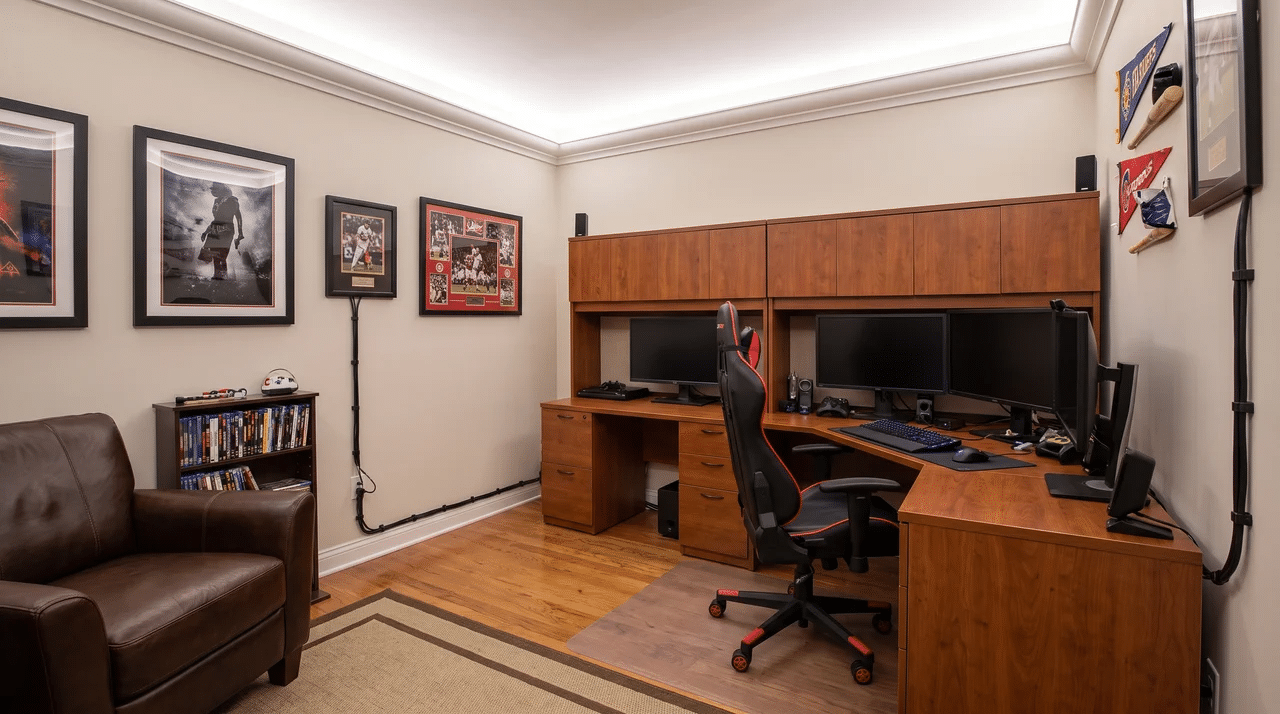 Small man cave with a corner gaming desk, one chair, and cables routed along the wall