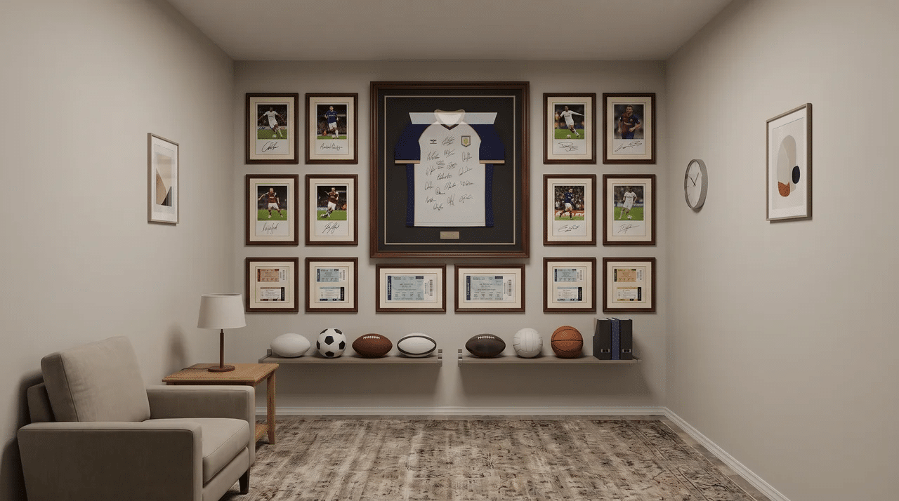 Small man cave with a jersey, photos, and ticket stubs grouped in matching frames on one wall