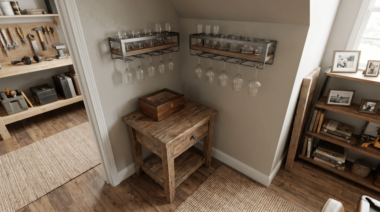 Small man cave with a side table, wall glass rack, and compact humidor in one corner