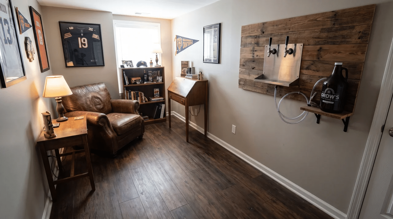 Small man cave with a wall-mounted beer tap and growler above open floor space