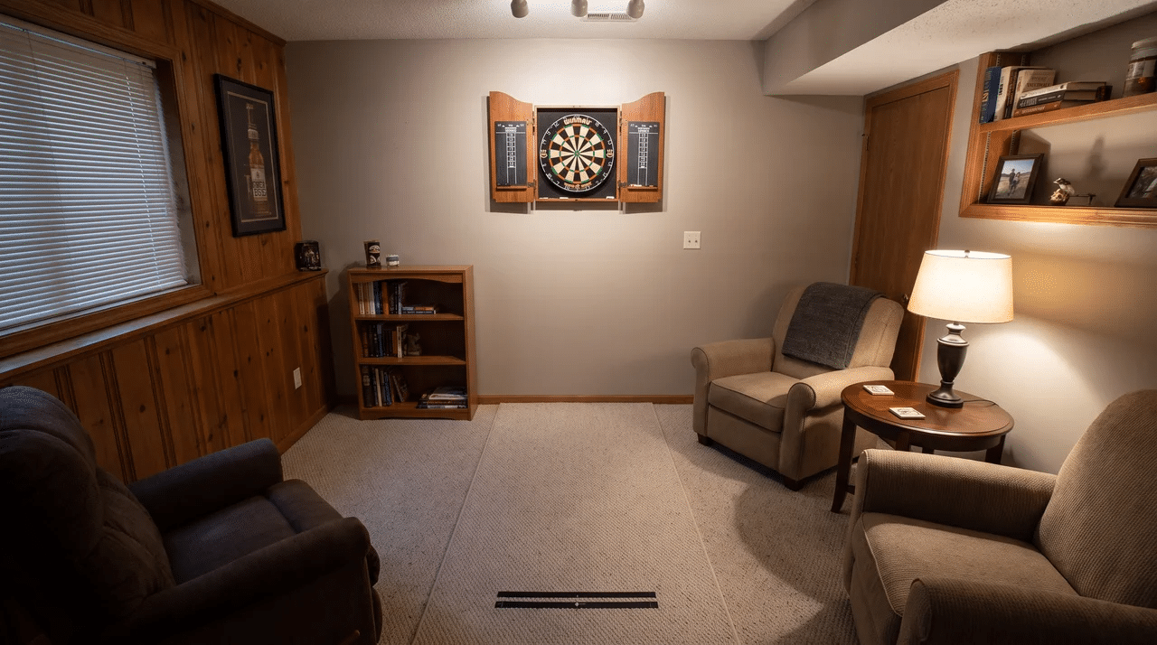 Small man cave with a wall-mounted dart board and clear throw path across the room
