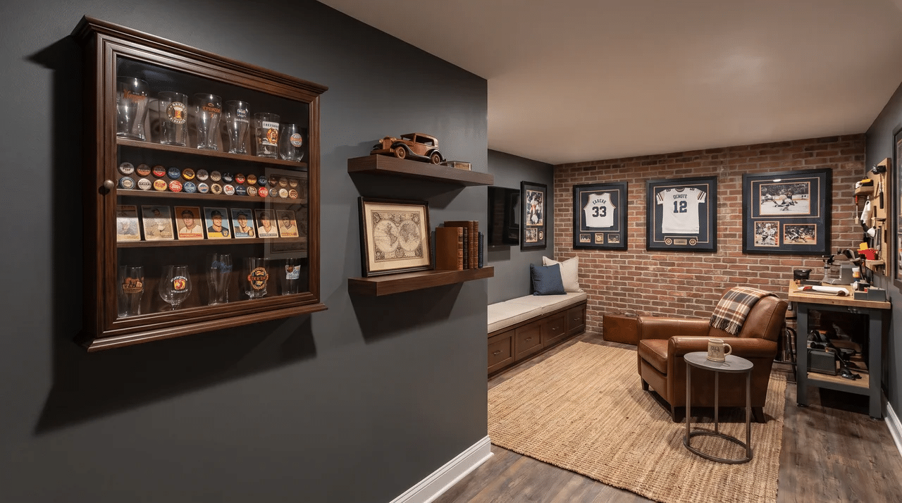 Small man cave with a wall-mounted display case holding beer glasses, bottle caps, and old cards