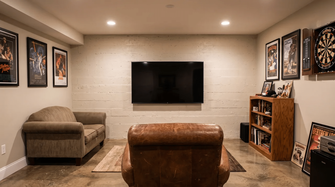 Small man cave with a wall-mounted TV, compact seating, and clear floor space beneath the screen