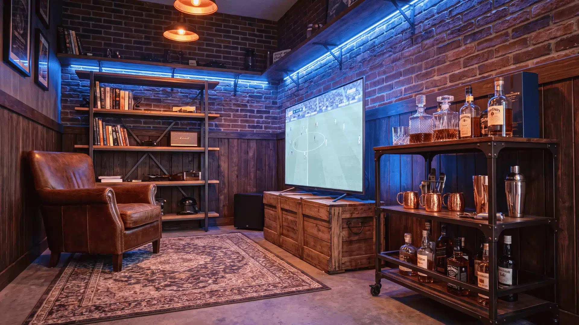 Small man cave with leather chair, modern TV, shelving, rug, and a wheeled bar cart stocked with bottles.