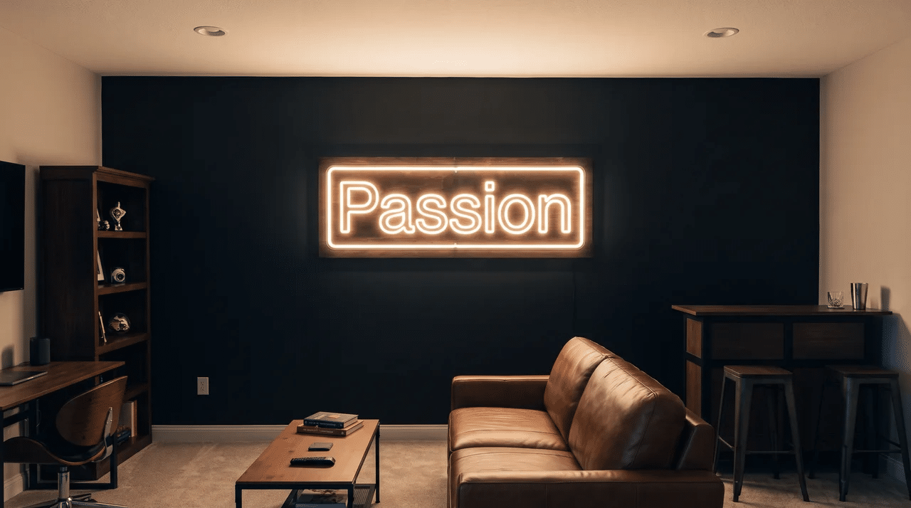 Small man cave with one large wall sign surrounded by open wall space