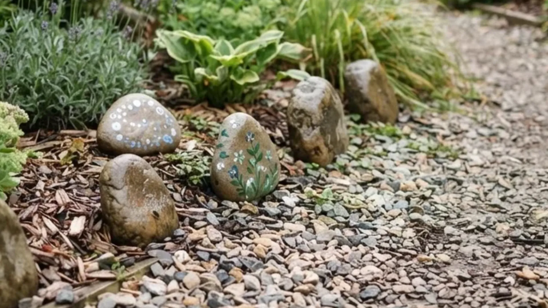 Small painted stone markers placed along the edge of a gravel garden path outdoors