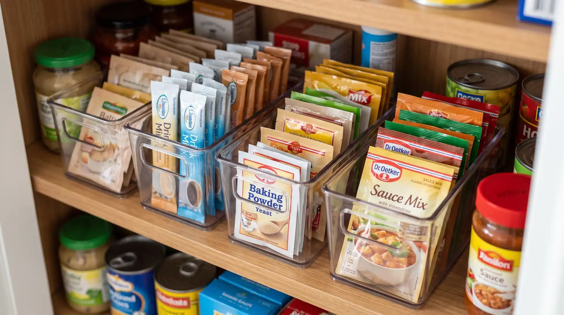 Small pantry bins holding grouped drink mixes, baking packets, and sauce packets