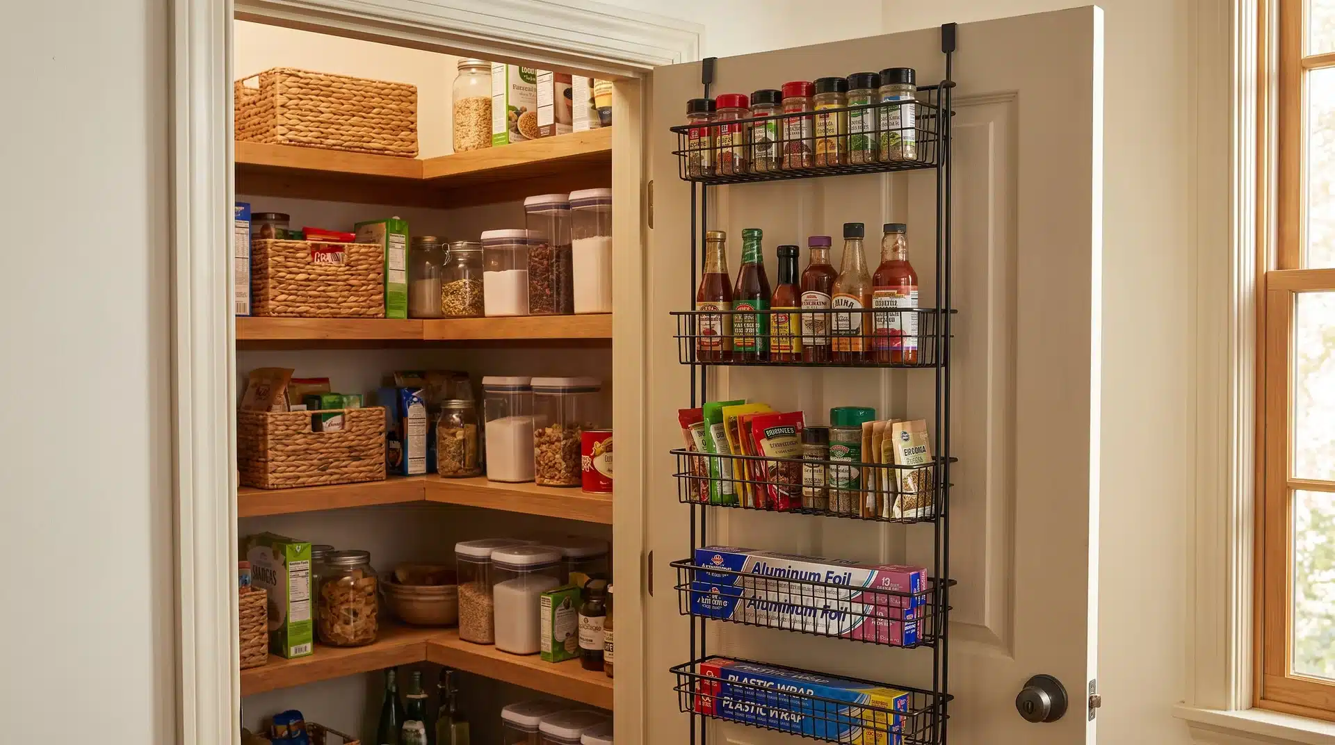 Small pantry door with a wire organizer holding spices, sauces, and packets
