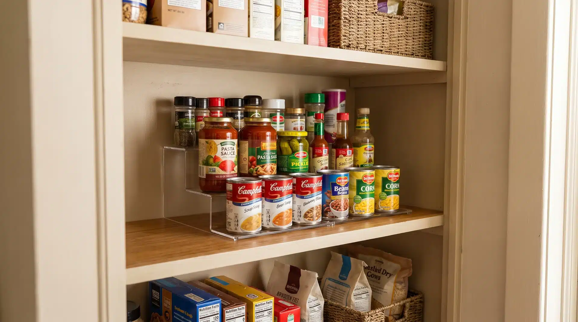 Small pantry shelf with a tiered organizer displaying cans and jars