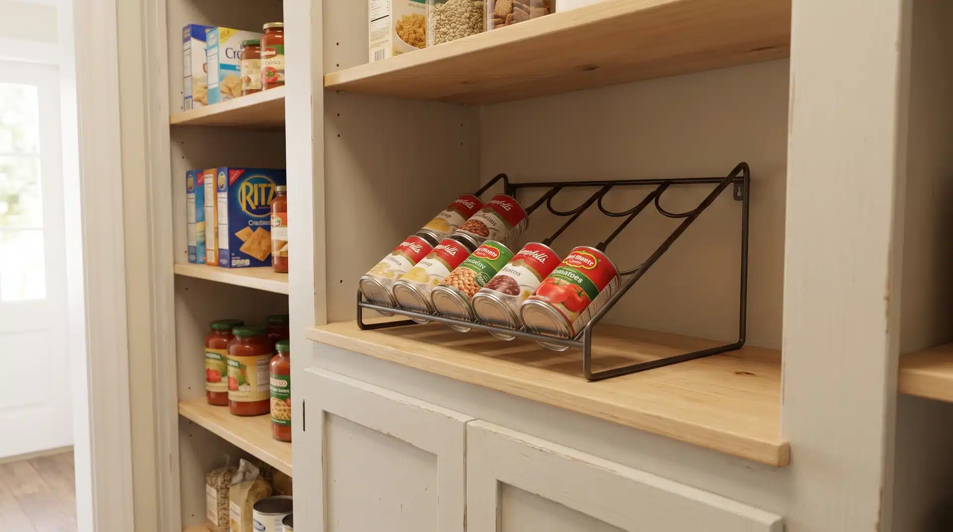 Small pantry shelf with an angled rack holding rows of canned goods
