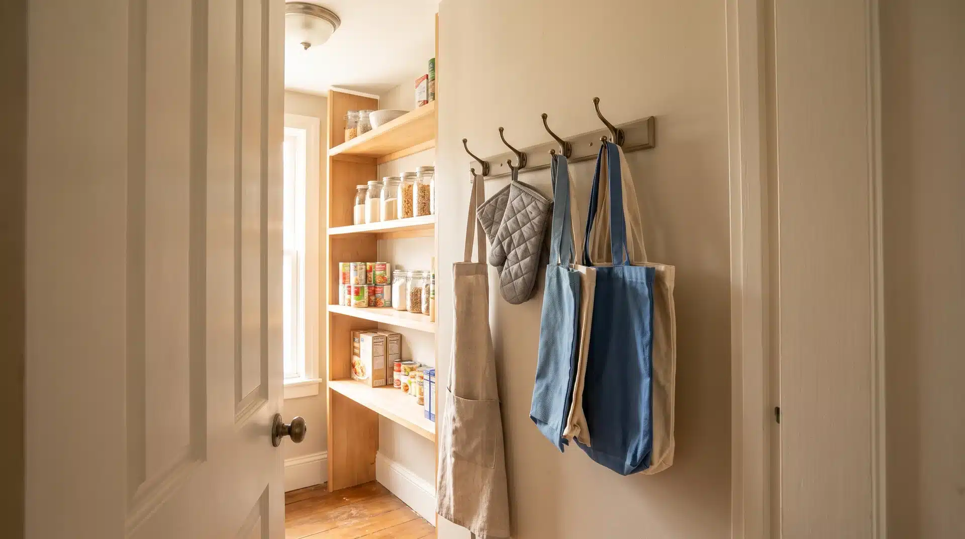 Small pantry side wall with hooks holding an apron, oven mitts, and reusable bags
