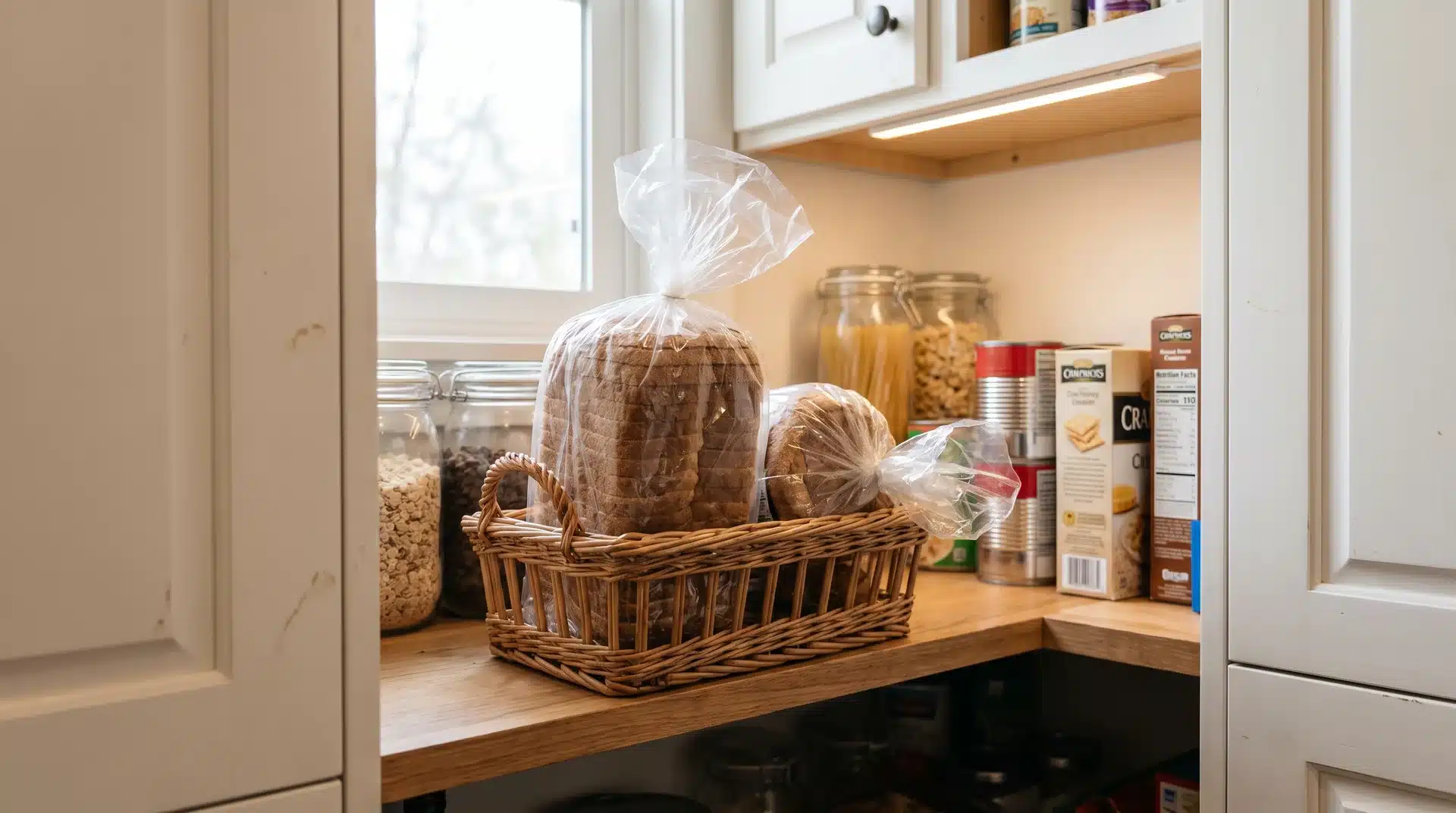Small pantry with a bread basket holding sliced bread in a plastic bag