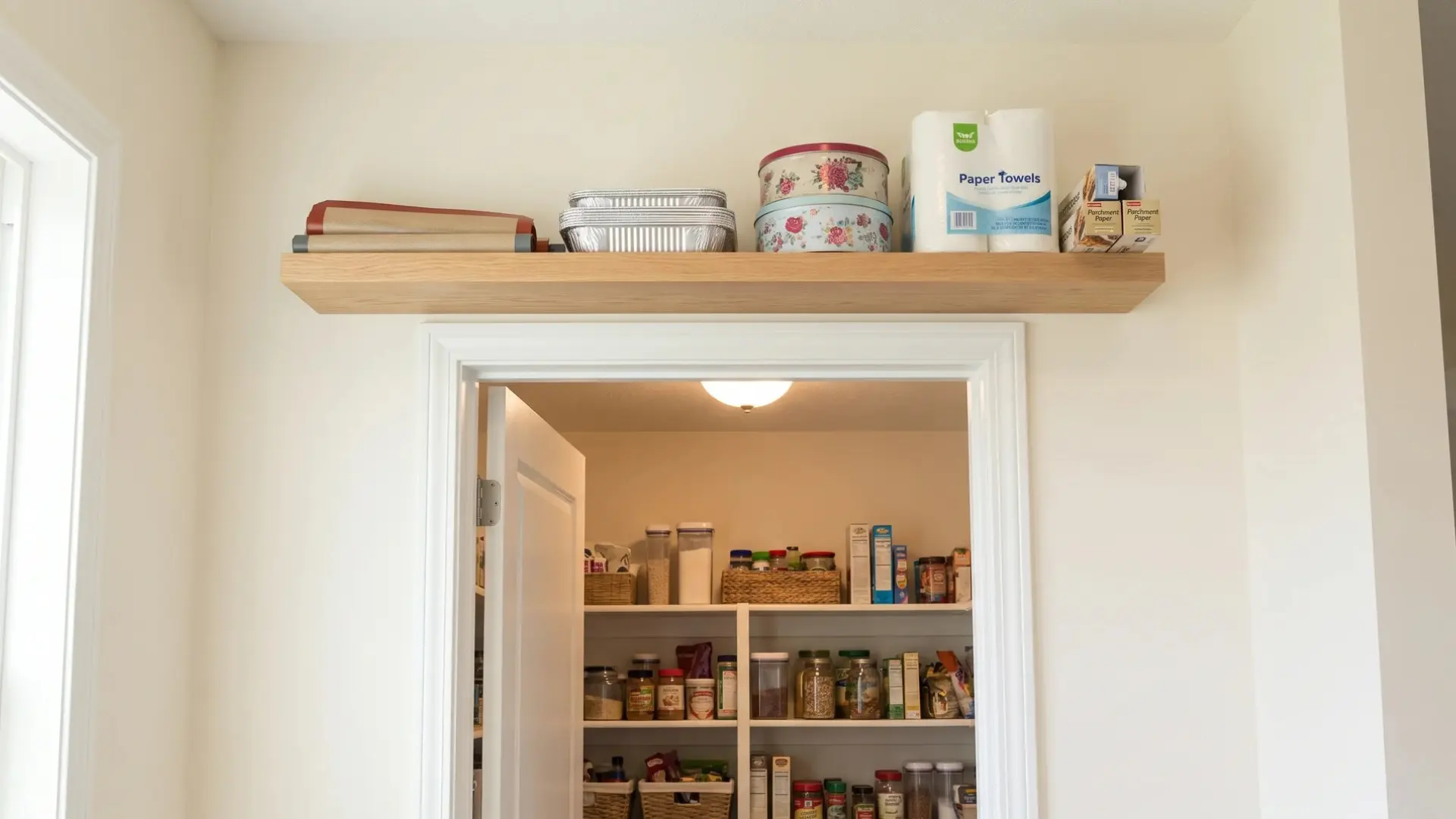 Small pantry with a floating shelf above the doorway holding lightweight storage items