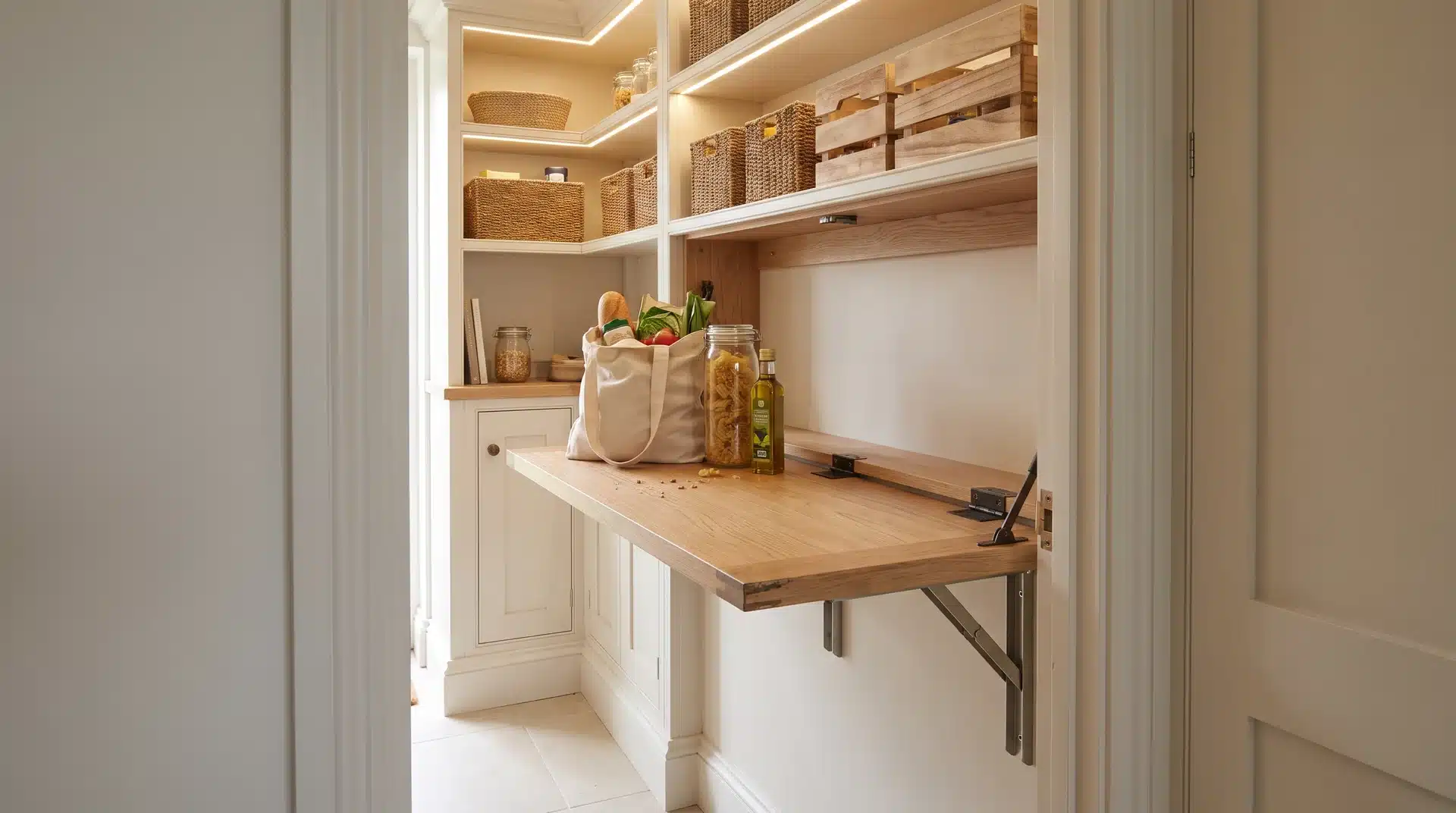 Small pantry with a fold-out shelf used as a temporary work surface