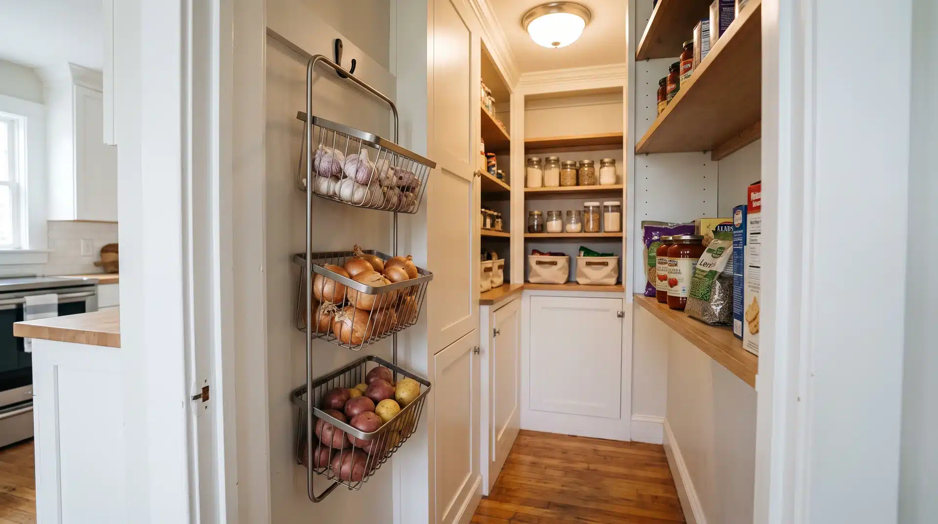 Small pantry with a hanging wire basket holding onions, potatoes, and garlic