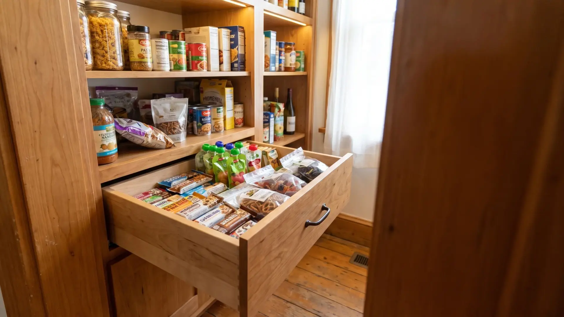 Small pantry with a low snack drawer holding grab-and-go snacks