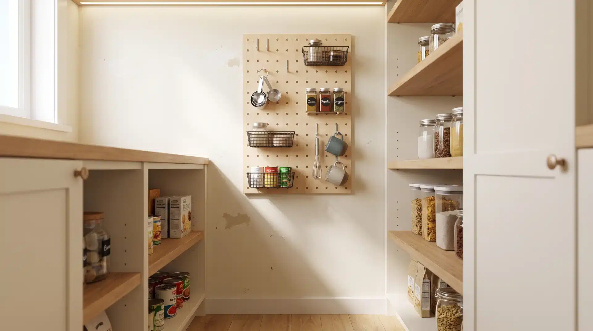 Small pantry with a pegboard holding measuring cups, spice jars, and baskets