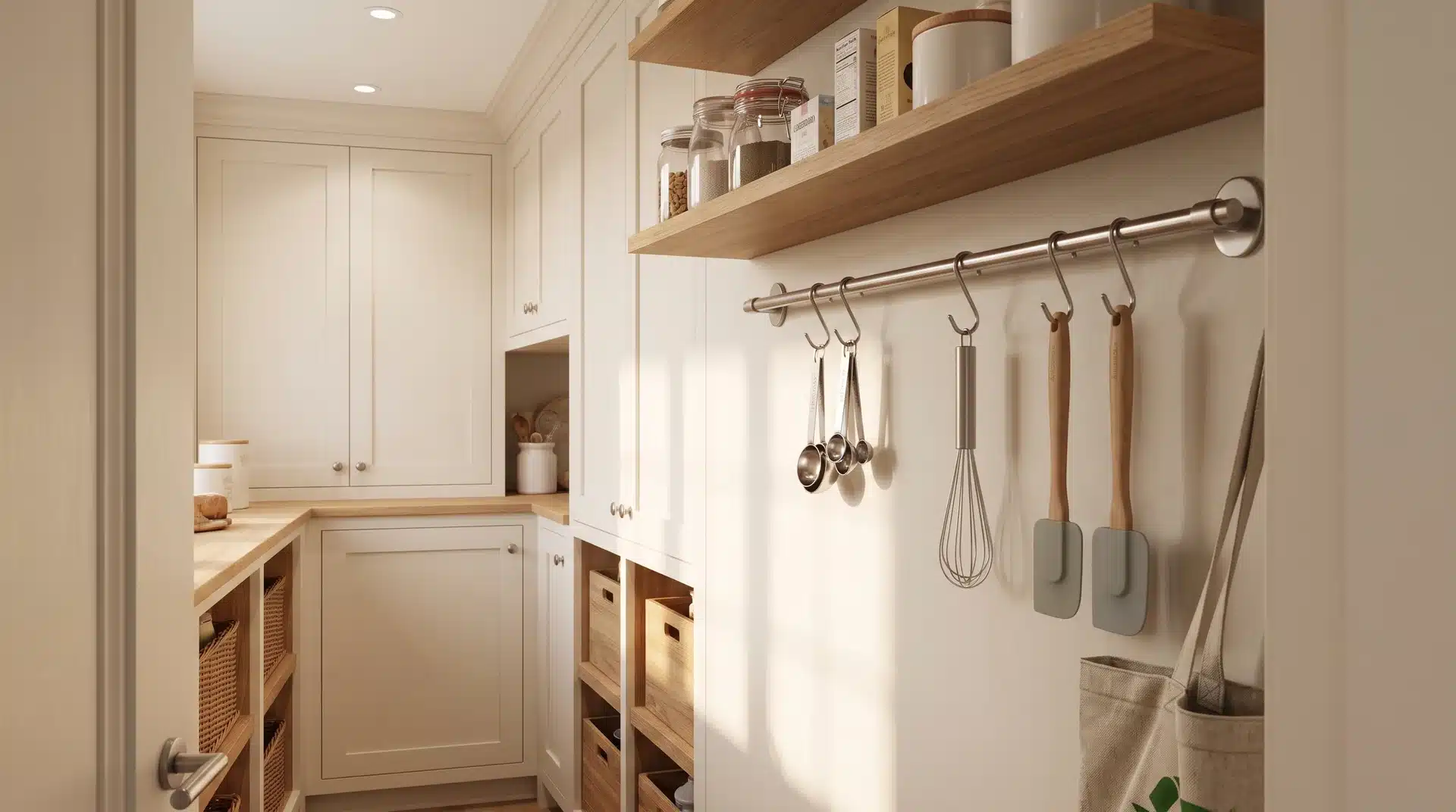 Small pantry with a rail holding measuring spoons and lightweight cooking tools