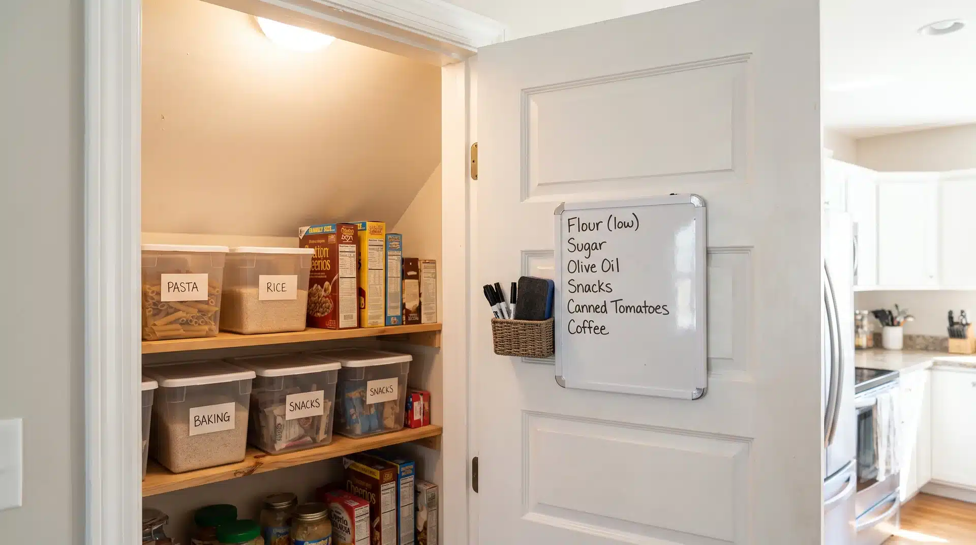 Small pantry with a whiteboard inventory list mounted inside the door