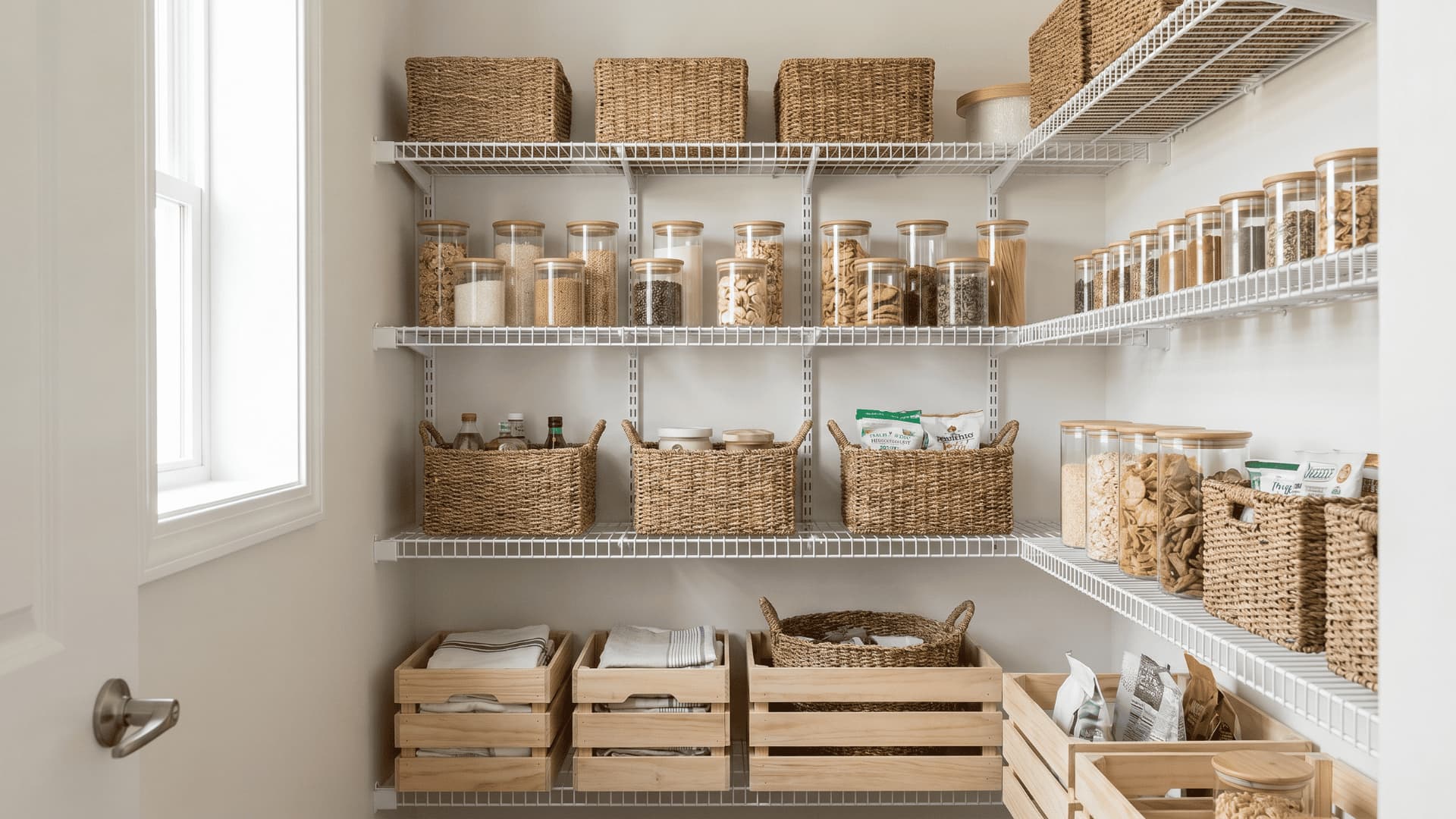 Organized pantry with white wire shelves holding glass jars, woven baskets, and wooden crates filled with dry food storage