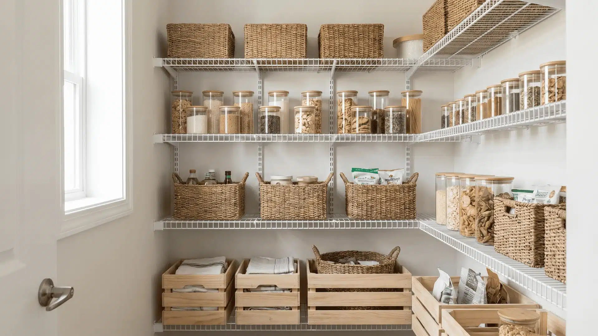 Organized pantry with white wire shelves holding glass jars, woven baskets, and wooden crates filled with dry food storage