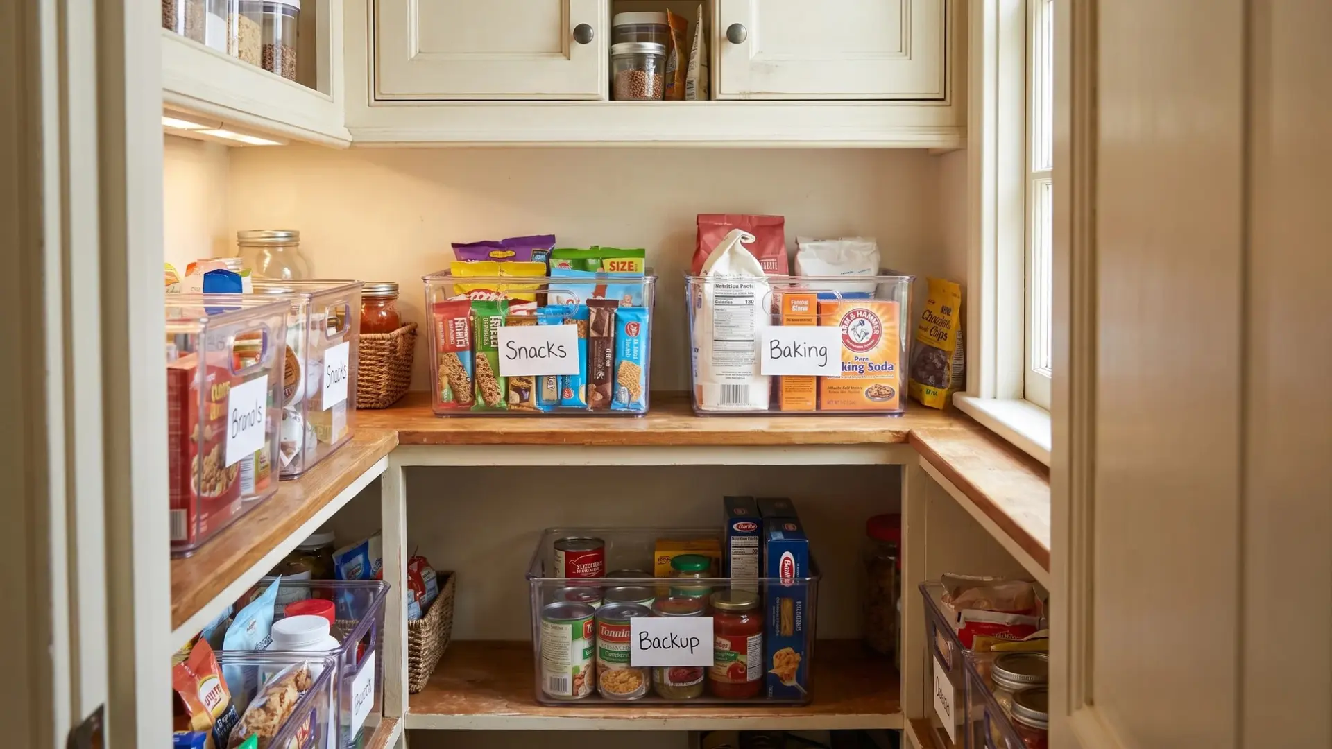 Small pantry with labeled bins for snacks, baking supplies, and backup food