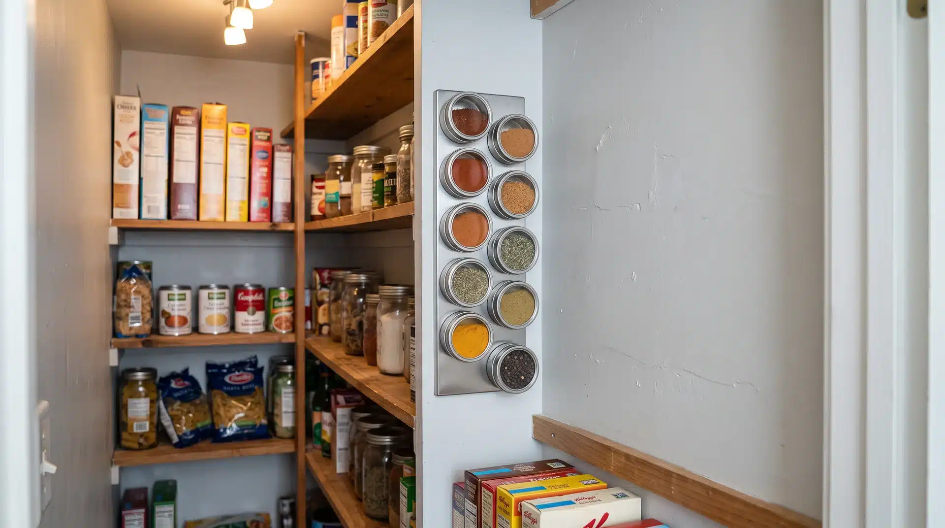 Small pantry with magnetic spice tins mounted on a side wall